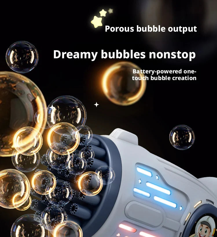 A white electric bubble gun is shown creating and shooting glossy bubbles against a dark background.