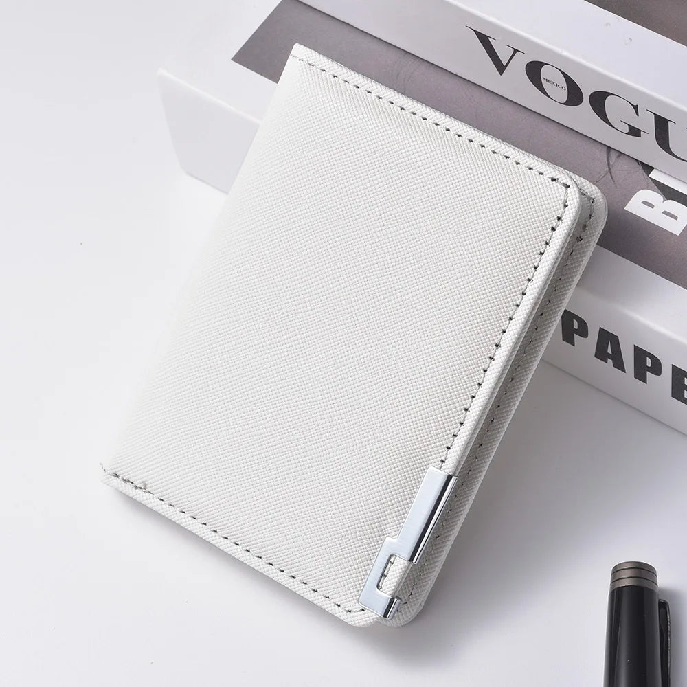 A slim vertical light beige leather wallet with multiple card slots resting on a white surface.