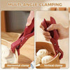 Demonstration of multi-angle clamping using red silicone clips for horizontal and vertical gripping on a bowl.