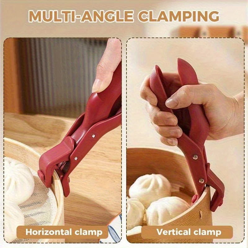 Demonstration of multi-angle clamping using red silicone clips for horizontal and vertical gripping on a bowl.
