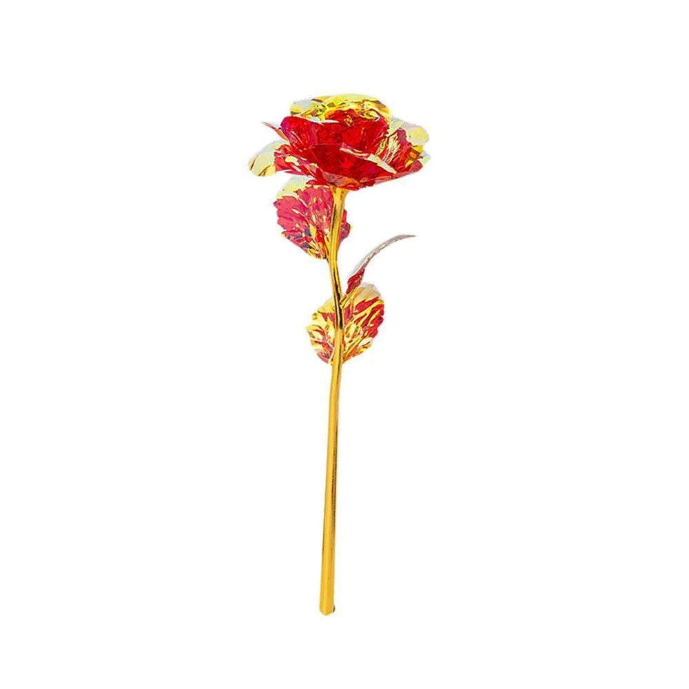 A single red rose flower with gold foil accents on a thin stem.
