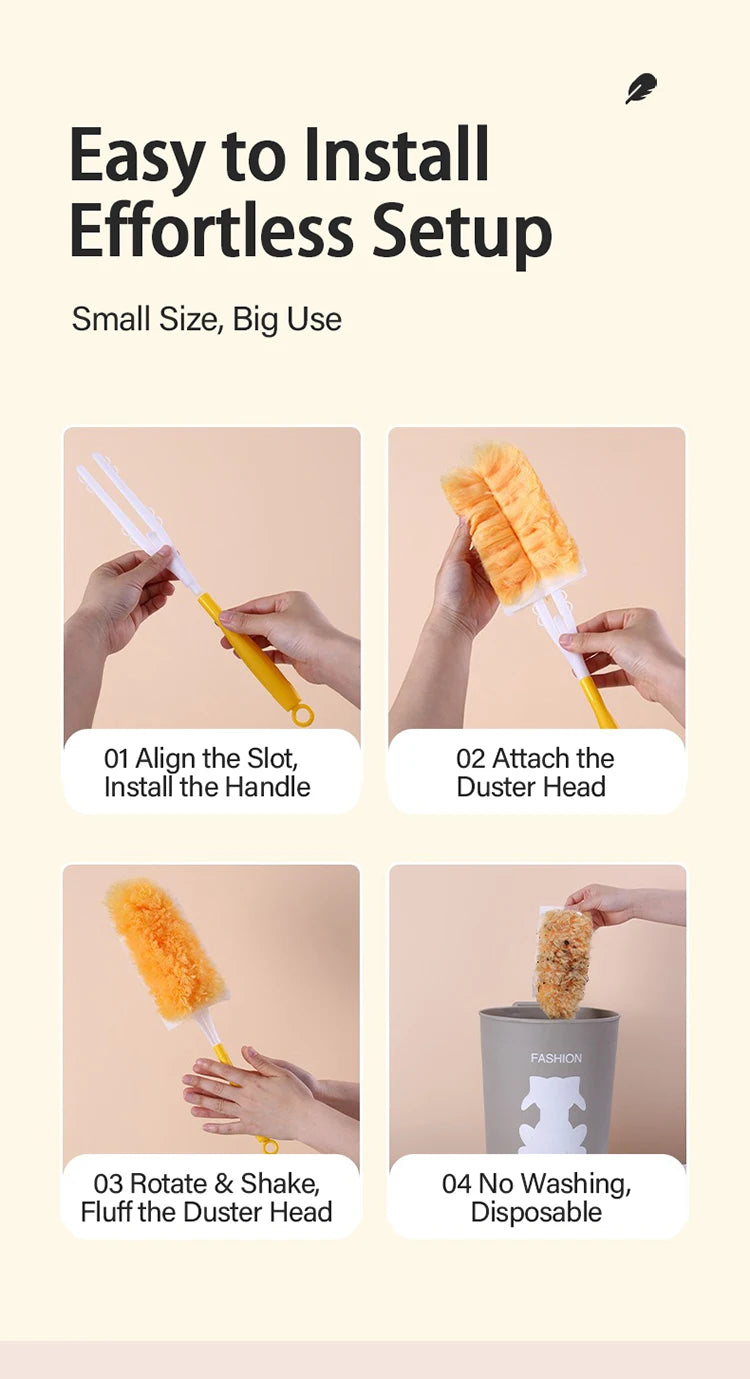 Step-by-step instructions showing how to install and use a small, disposable electrostatic duster.