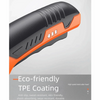 Orange and black cordless rotary scissors featuring an eco-friendly TPE coating for durable cutting.