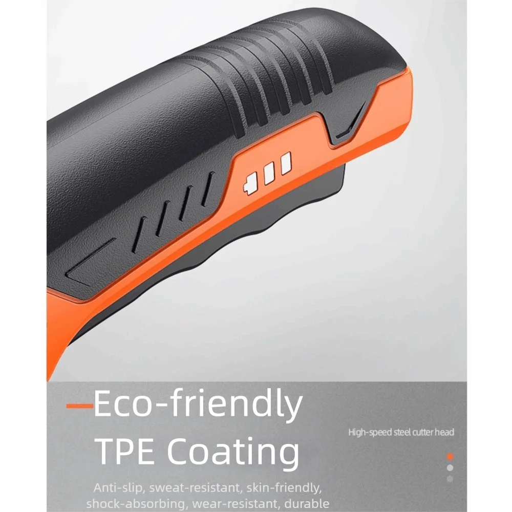 Orange and black cordless rotary scissors featuring an eco-friendly TPE coating for durable cutting.