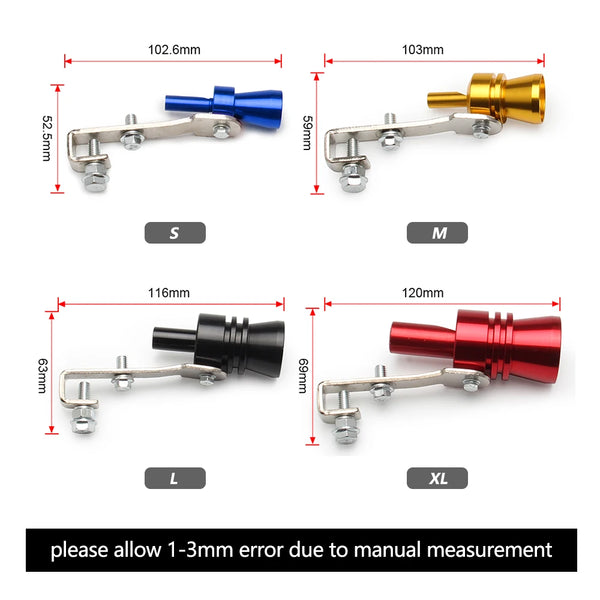 Set of four universal turbo sound exhaust whistles in sizes S, M, L, and XL with various metal finishes