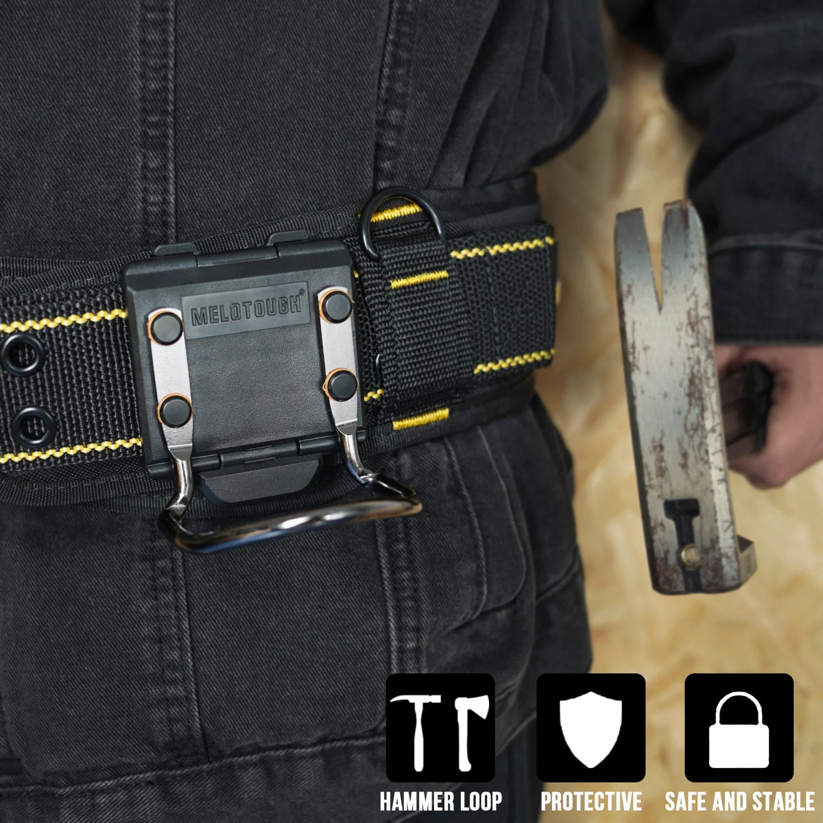 A black leather tool belt with a metal hammer loop and protective features.
