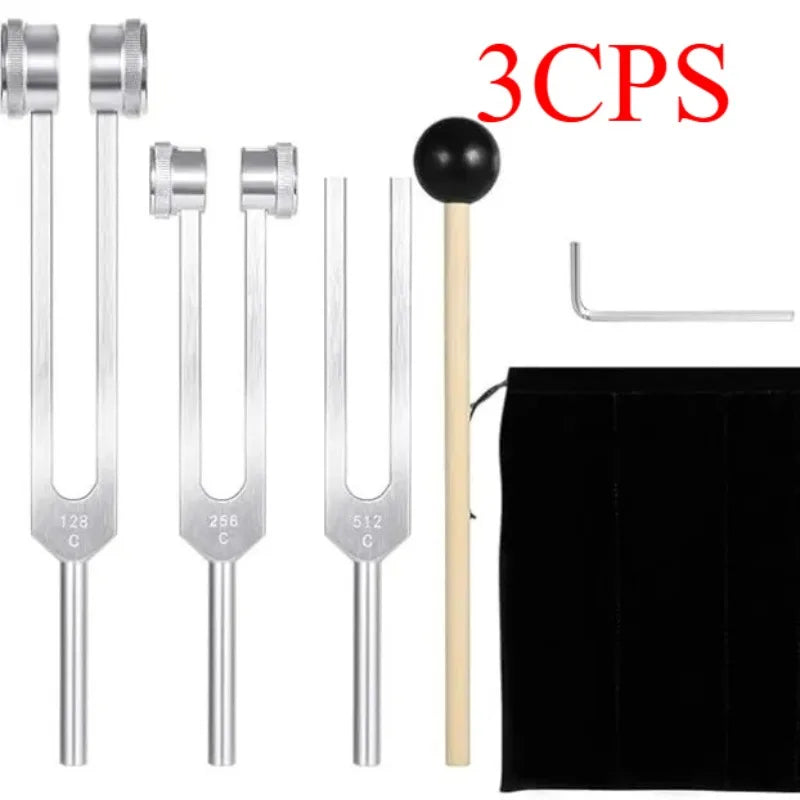 A set of tuning forks with various frequencies including 128, 256, and 512 Hz, presented with a wooden activator.