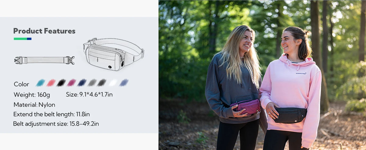 A woman wearing a pink hoodie and a black fanny pack stands in a wooded outdoor setting.