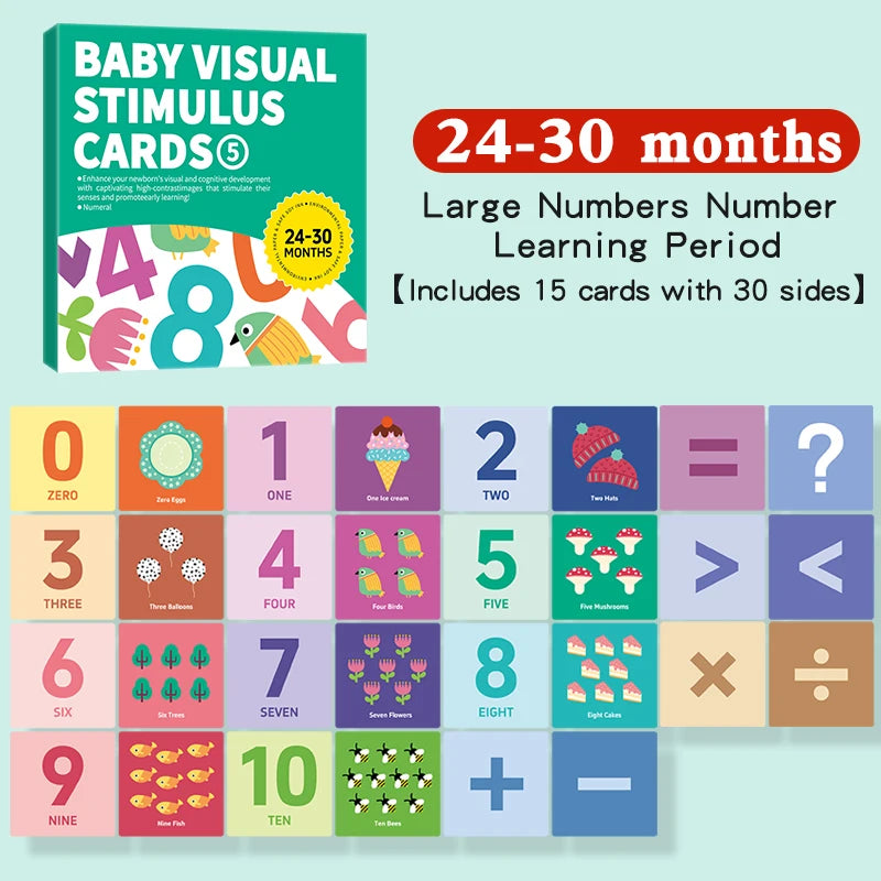 A set of Montessori high-contrast flash cards featuring large numbers from zero to ten for baby visual stimulation.