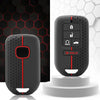 A black silicone car key case with multiple buttons and a red accent is displayed on a white stand.