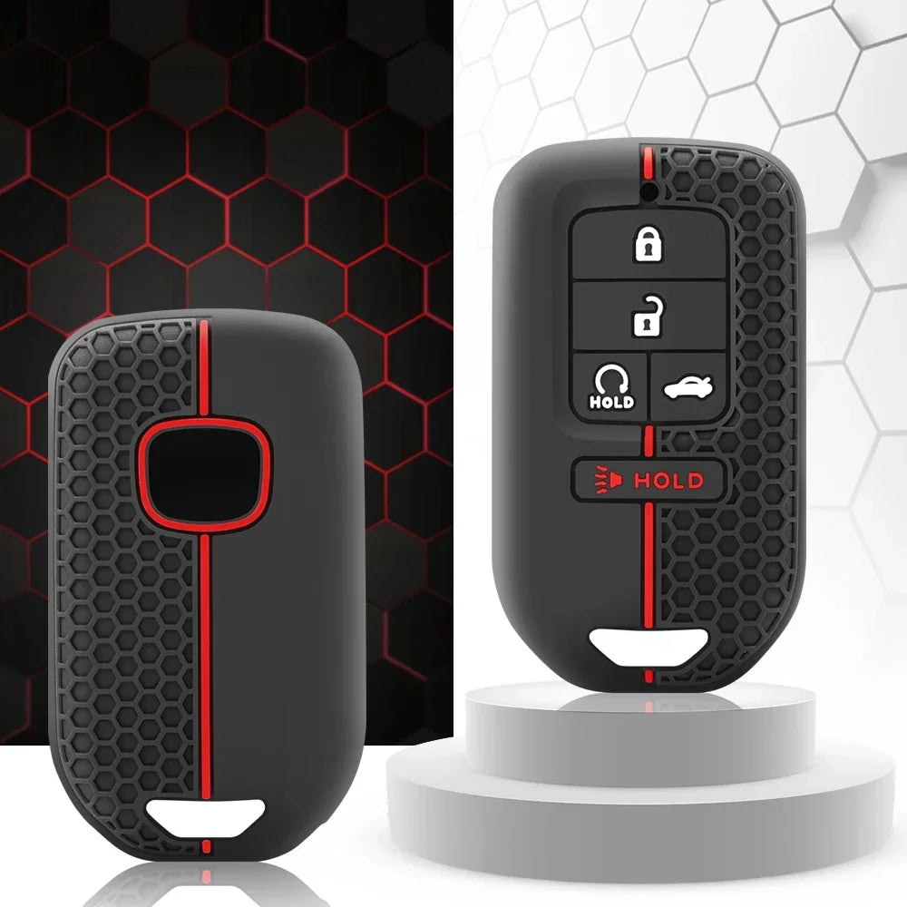 A black silicone car key case with multiple buttons and a red accent is displayed on a white stand.