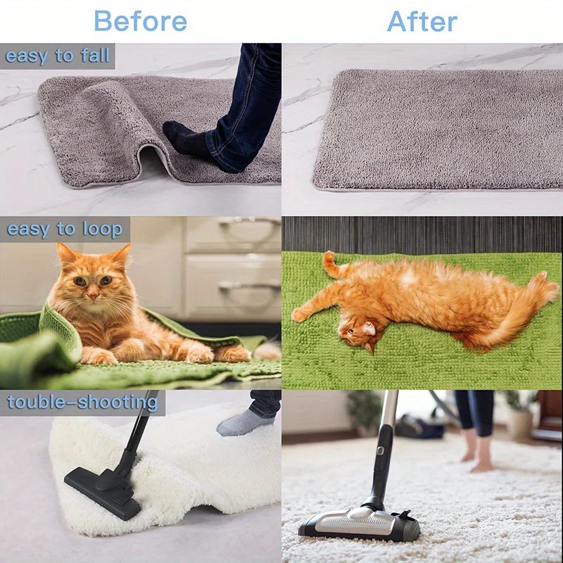 Before and after comparison showing reusable non-slip rug grippers for hardwood floors and tiles.