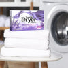 Box of Lavender Plant-Based Tumble Dryer Sheets with stacks of white dryer sheets