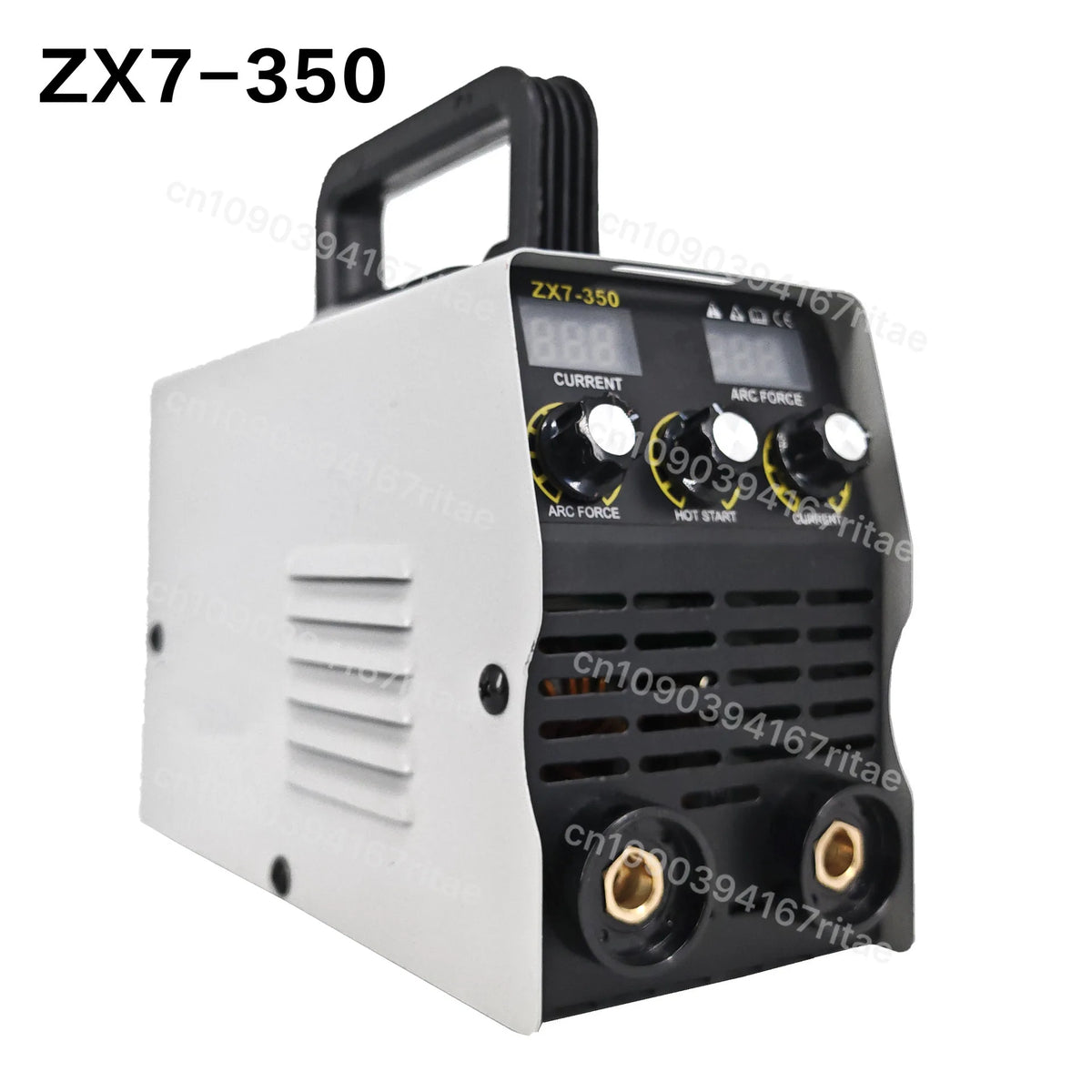 A white portable MMA arc welding machine labeled ZX7-350 with an indicator display and output terminals.