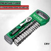 A green and silver chrome vanadium socket set with a quick-release ratchet is shown on a white background.