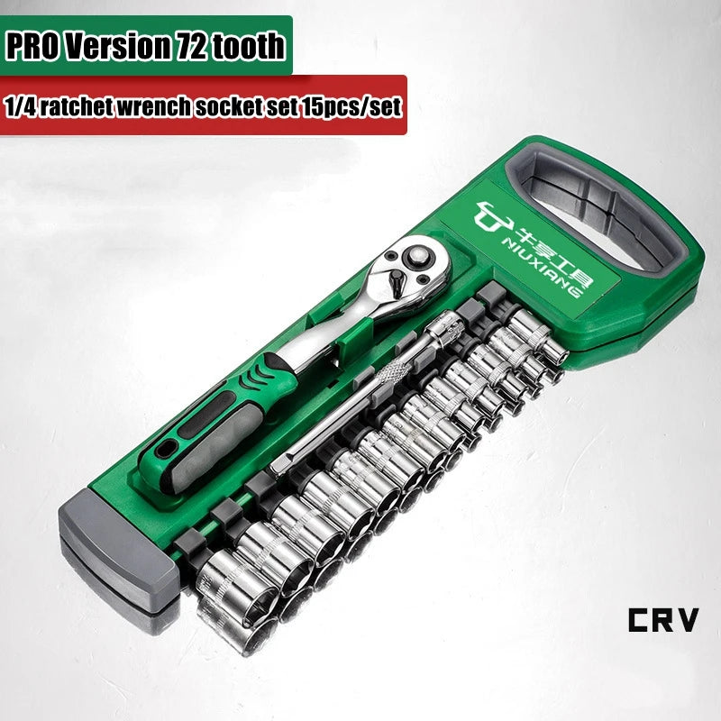 A green and silver chrome vanadium socket set with a quick-release ratchet is shown on a white background.