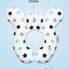 A white baby head and neck support pillow featuring black and light blue stars, shown with labels pointing to the head and ne