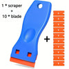 A blue plastic scraper tool shown with ten replacement blades and an orange plastic base.