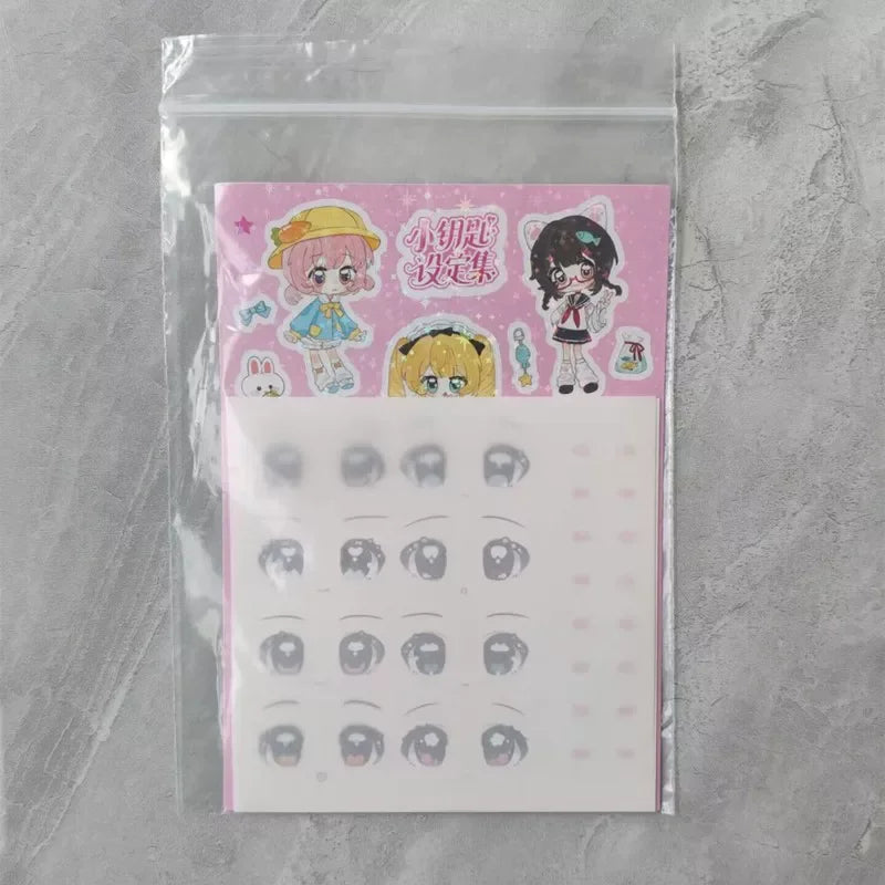 A clear plastic bag containing a sheet of pink and yellow collectible figurine parts and blind box figures.