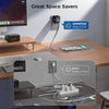 A 4-in-1 fast charger with retractable cables is shown on a wooden desk, demonstrating its space-saving features.