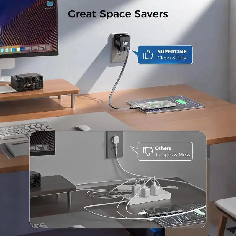 A 4-in-1 fast charger with retractable cables is shown on a wooden desk, demonstrating its space-saving features.