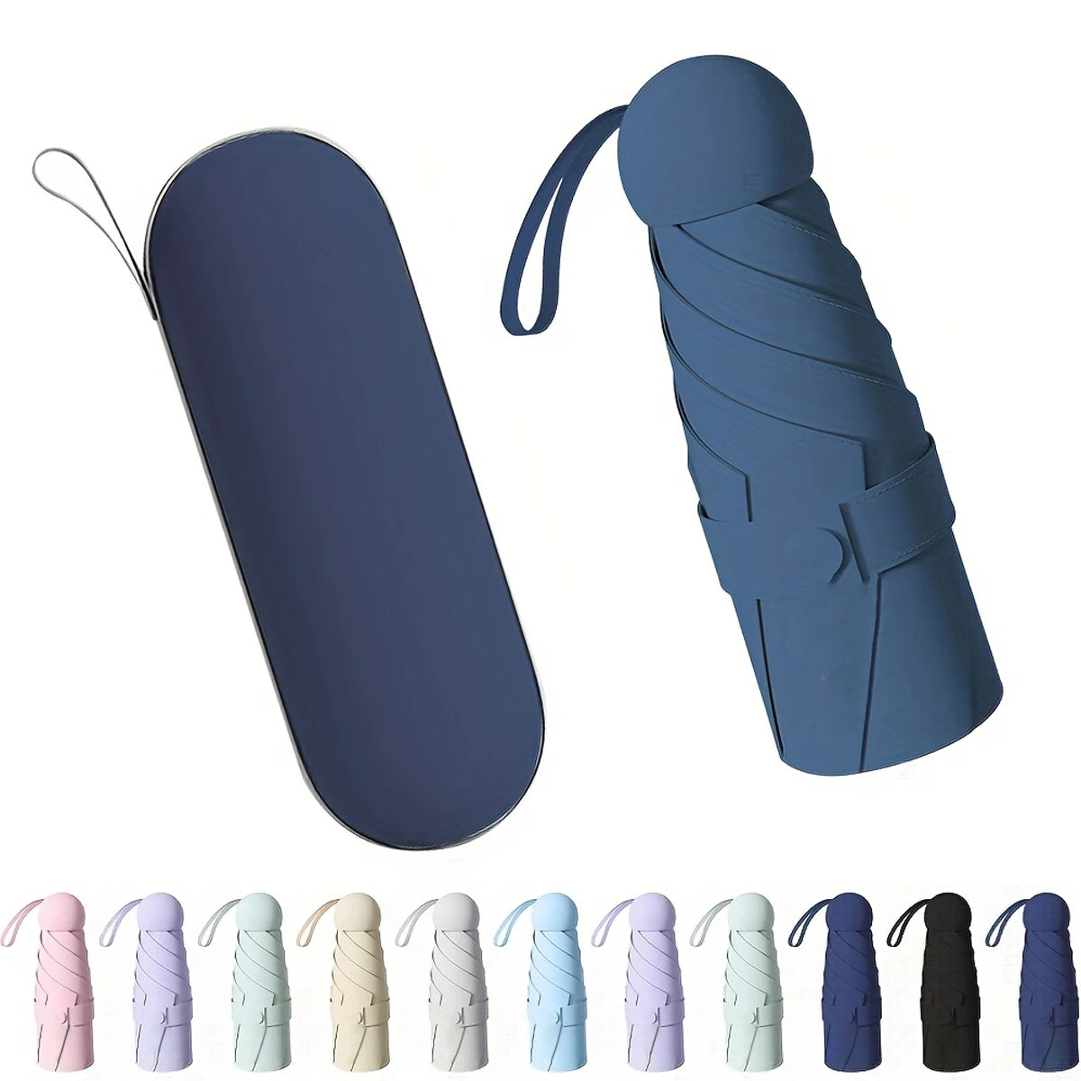 A compact 5-fold travel umbrella with UV protection shown in various colors and folded states.