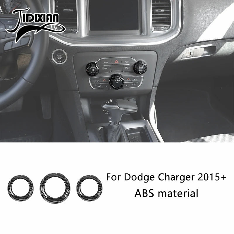 Carbon fiber interior trim kit for Dodge Charger featuring various circular trim pieces.
