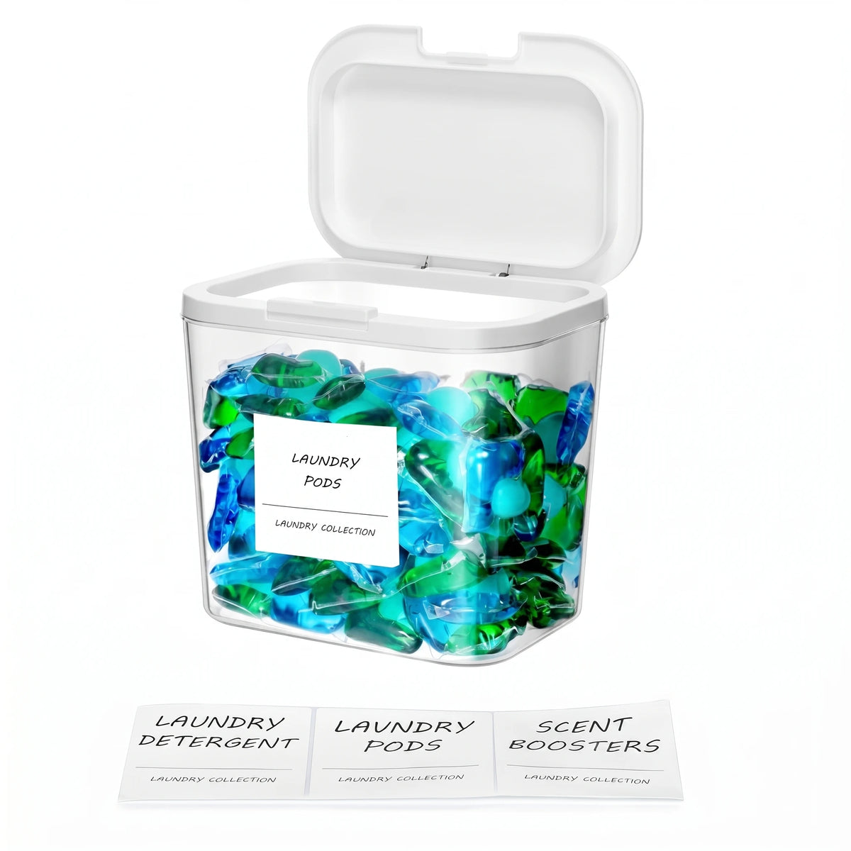 Clear plastic container filled with blue and green laundry pods and a white lid.