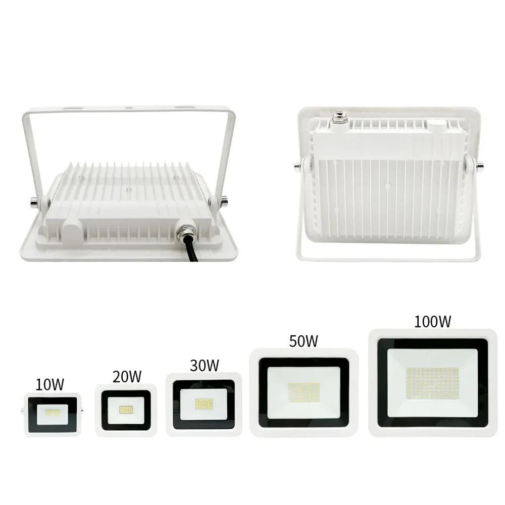 A set of IP68 waterproof LED flood lights showing various wattage options from 10W to 100W.