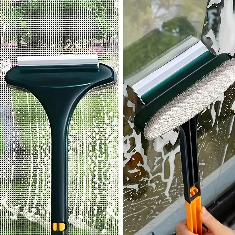 A dark green dual-use window screen and glass cleaning brush is shown cleaning a window pane.