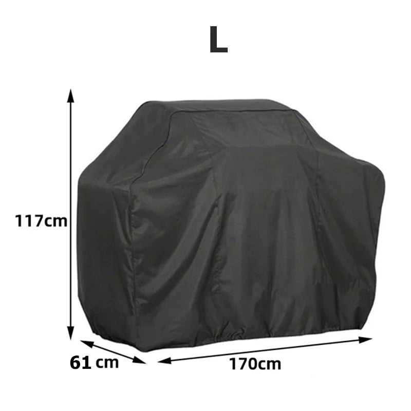 Black heavy-duty waterproof BBQ grill cover shown with dimensions 117cm high, 61cm wide, and 170cm long.