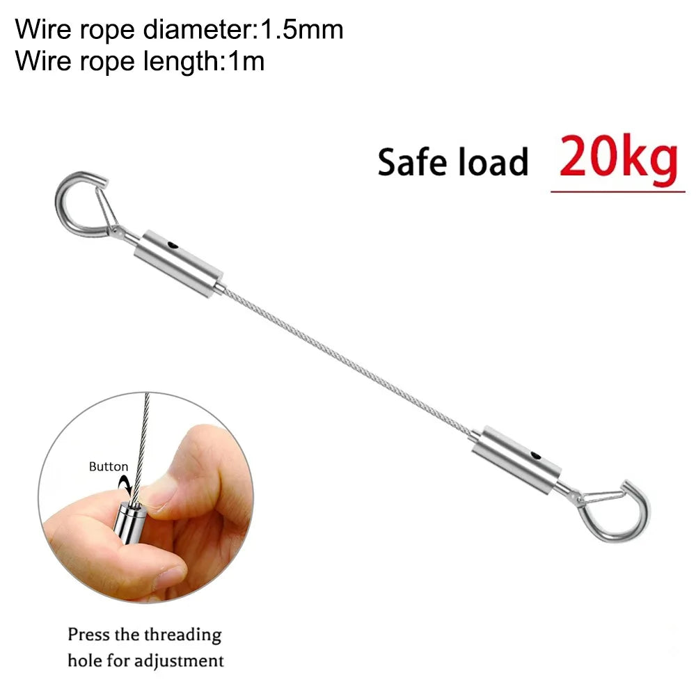 Stainless steel wire rope with an eye hook and adjustment button for safe load of 20kg