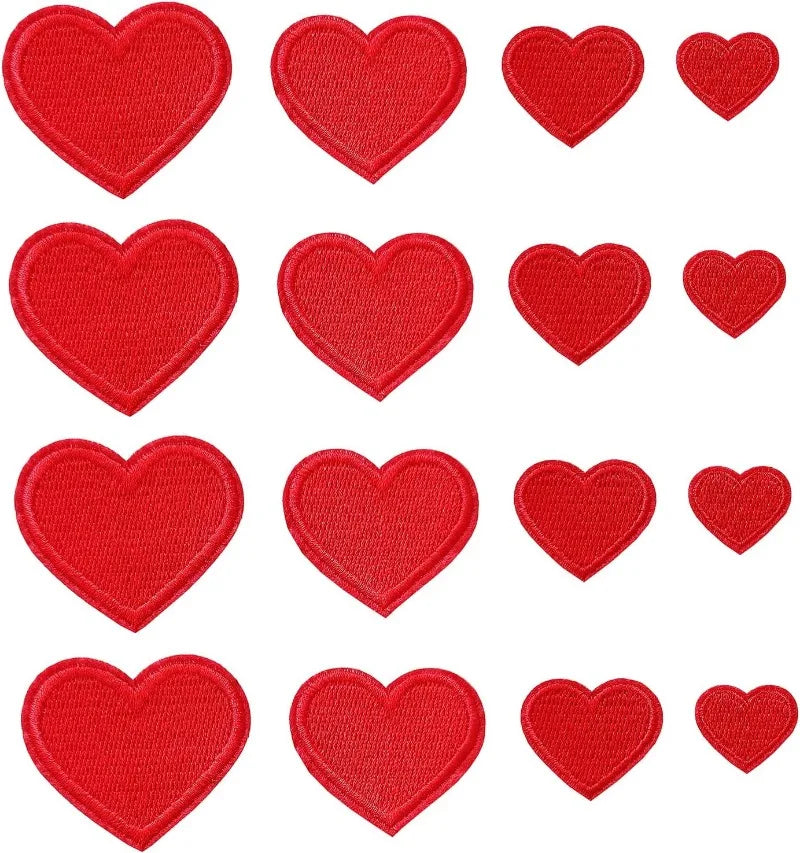 A set of twenty-four red heart iron-on patches arranged in a grid.