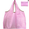 Pink and white striped foldable oxford cloth tote bag with a matching striped pouch.