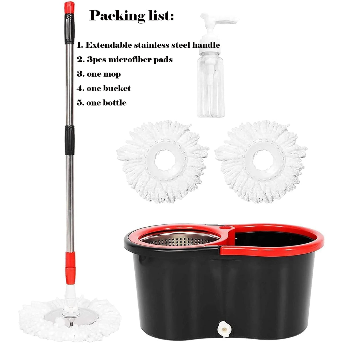 Packliste mit einem Wischmopp-Set, einschließlich verstellbarem Griff, Mikrofasertüchern, Mopp, Eimer und Flasche.