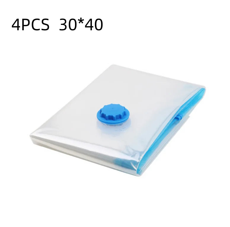 Cuatro piezas de una bolsa de plástico transparente con sello azul y mecanismo de bomba.
