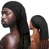 A model wearing a black stretchable spandex dreadlock tube hair protection cap.