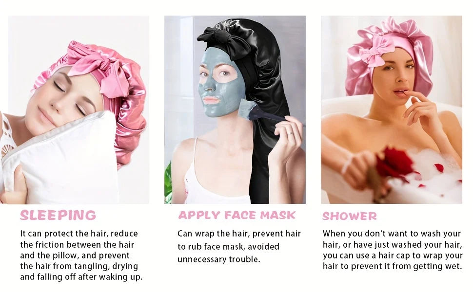A woman sleeping with an extra large satin sleep bonnet on her hair.