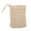 A natural beige sisal soap saver bag with an exfoliating mesh and a drawstring closure.