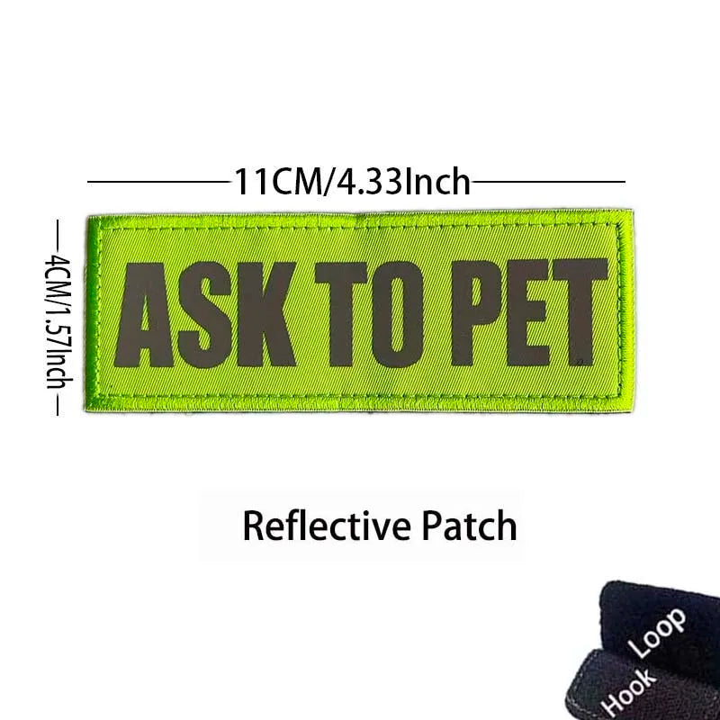 Lime green reflective patch embroidered with the text ASK TO PET