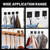 Adhesive hooks in black and gold are shown installed in various contexts including a door, shower, kitchen, and bedroom.