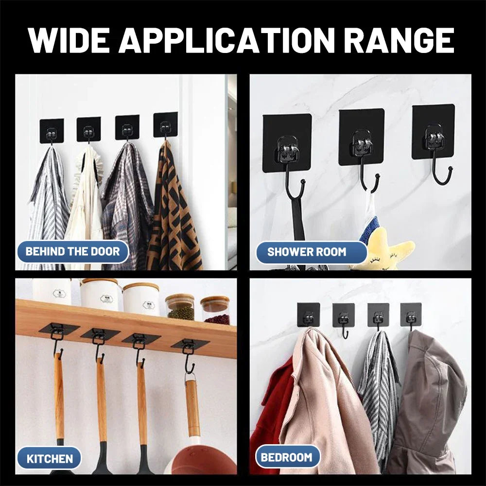 Adhesive hooks in black and gold are shown installed in various contexts including a door, shower, kitchen, and bedroom.