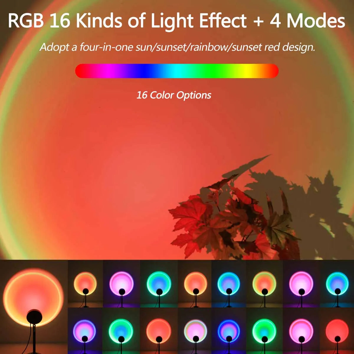 A display of 16 color options for an RGB light effect, showing various sunset and rainbow colors.