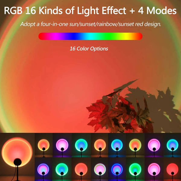 A display of 16 color options for an RGB light effect, showing various sunset and rainbow colors.