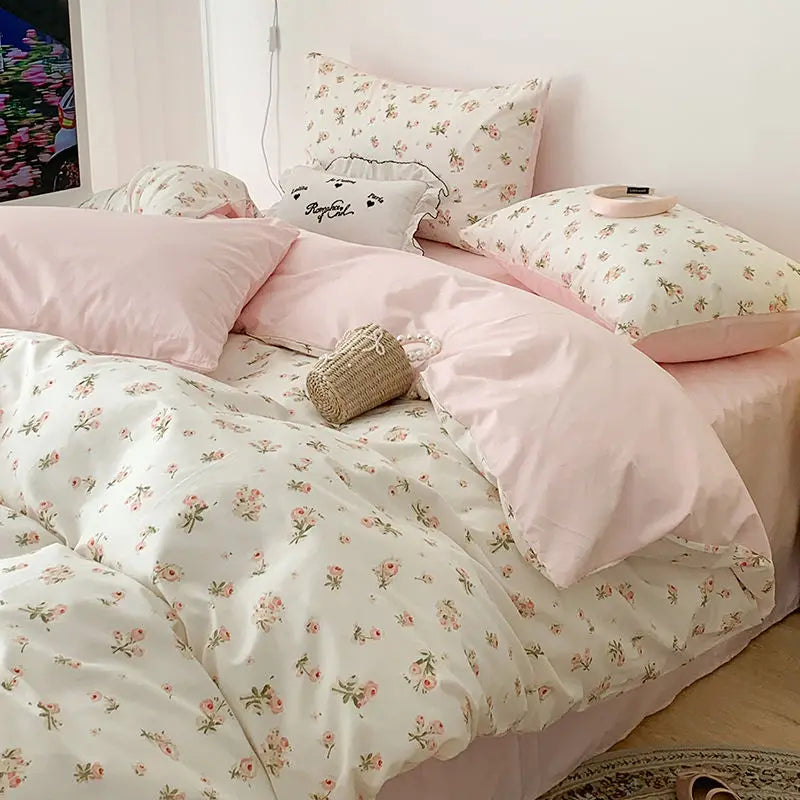 Pink floral bedding set featuring a duvet cover, pillows, and a patterned blanket on a bed.