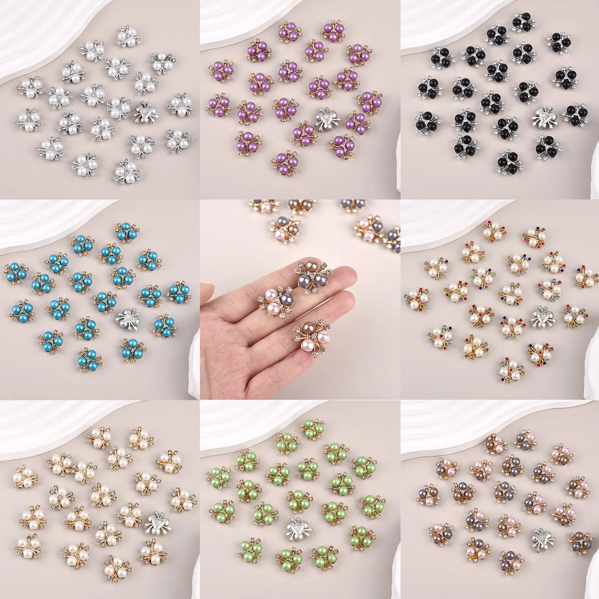 A collection of pearlized resin flower beads in various colors and finishes for DIY jewelry and crafts.