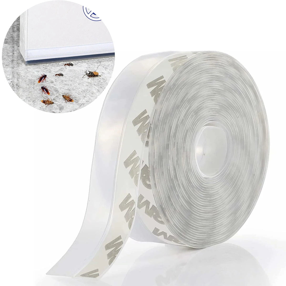 Roll of flexible weather seal strip with a circular inset showing insects