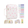 White floral quilted Bible cover with a zipper pocket and carry handle shown next to various colored Bible covers.
