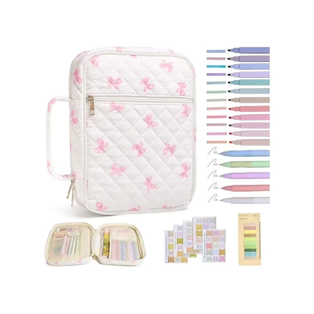 White floral quilted Bible cover with a zipper pocket and carry handle shown next to various colored Bible covers.