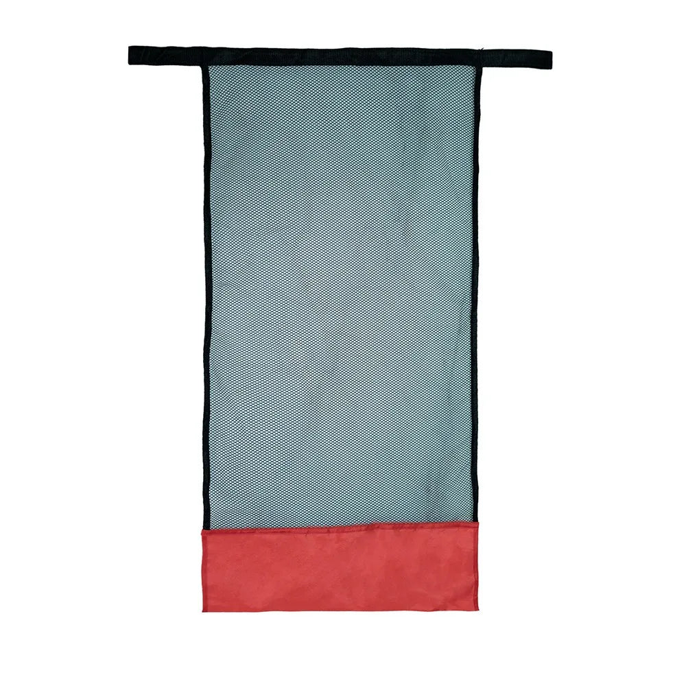 A floating water hammock pool chair featuring a gray mesh fabric and a red bottom edge.
